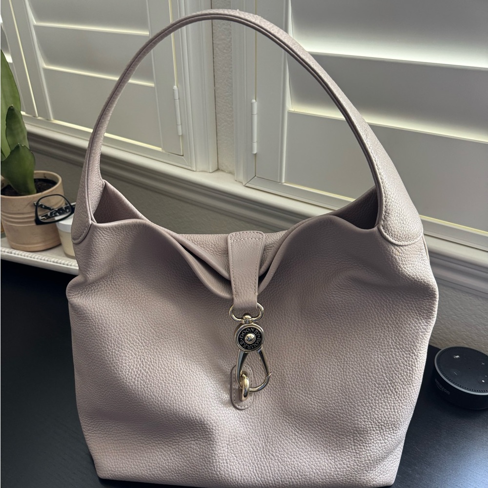 Dooney & Burke Elegant Pinkish Taupe Logo Lock Leather Hobo Bag